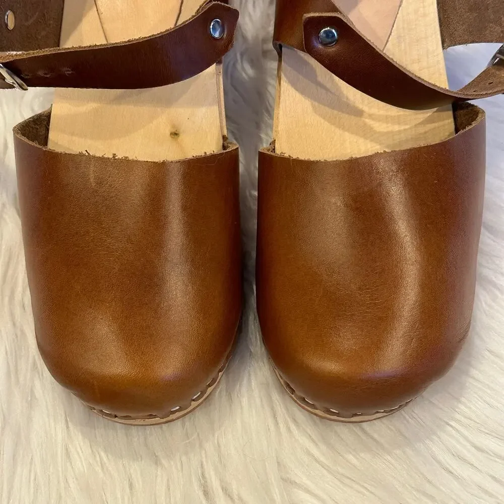 Kurier Charlie Mary Jane Clogs Leather High Heel Block Heel Wooden, Pecan Brown - Picture 11 of 14